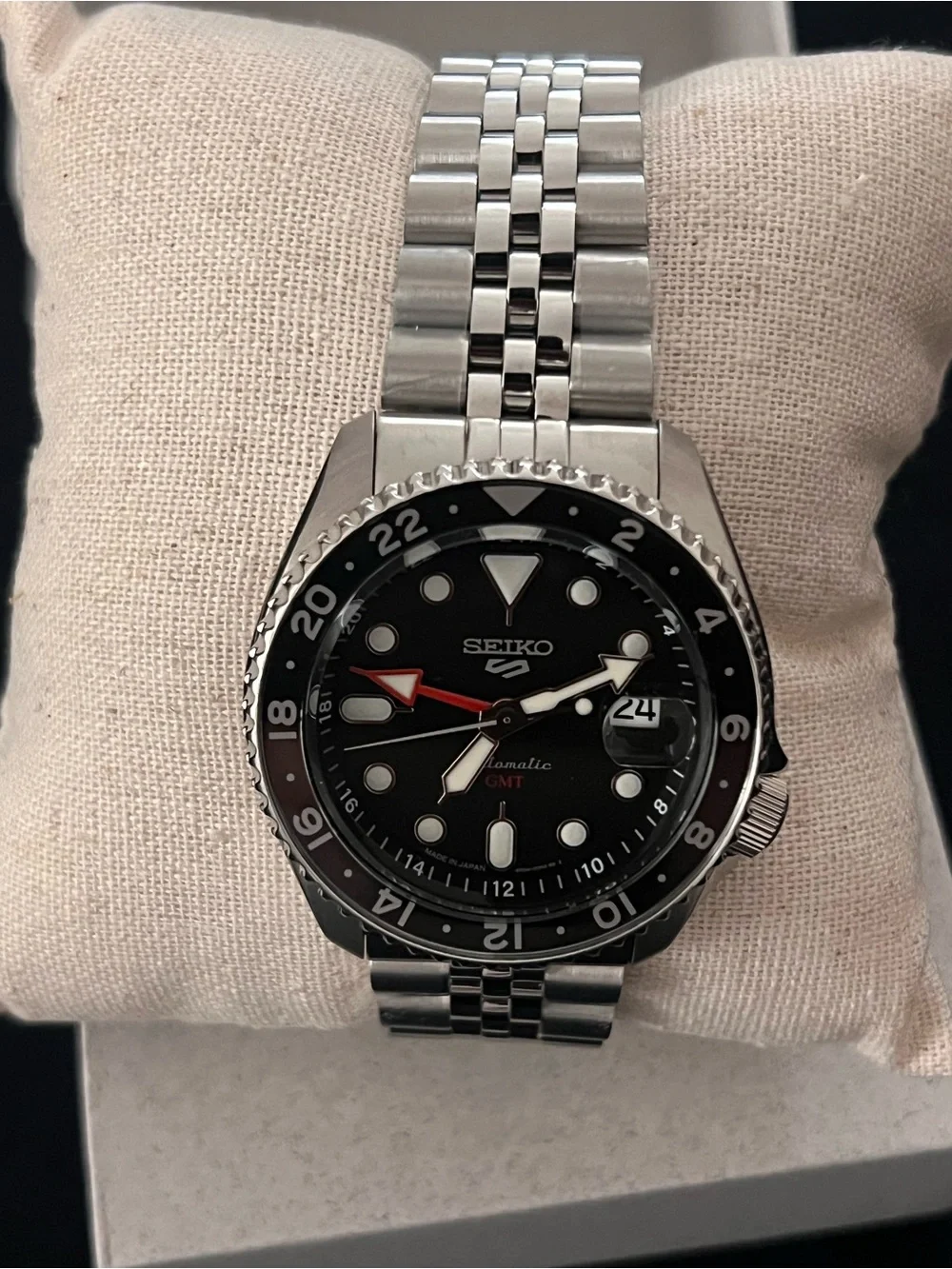 Seiko Silver Stainless Steel Watch with Black Dial and GMT Bezel